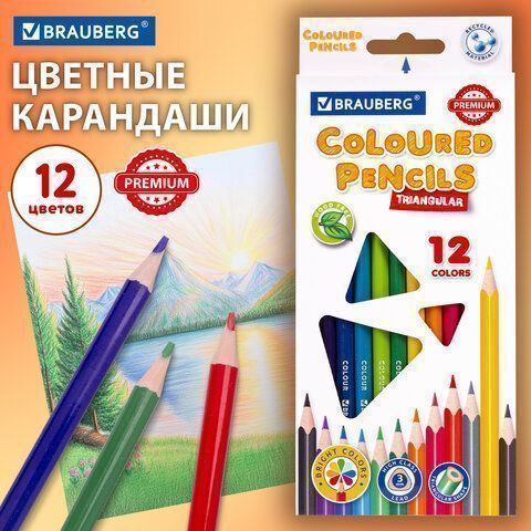 Карандаши цветные 12цв пластиковые техгранные грифель мягк. 3мм BRAUBERG PREMIUM 1/12