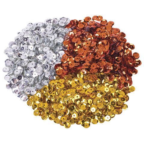 Пайетки для творчества КЛАССИКА, ЗОЛОТО, СЕРЕБРО, МЕДЬ, 6мм, 30г., ОСТРОВ СОКРОВИЩ (вывод)