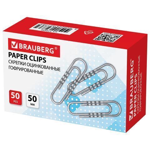 Скрепки 50мм 50шт оцинкованные гофрированные BRAUBERG 1/10/300