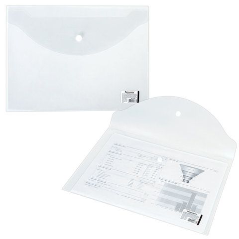 Папка-конверт с кнопкой BRAUBERG, А4, до 100 л, прозрачная, 0,15мм 1/15/90