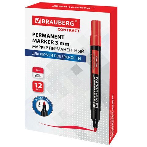 Маркер перманентный красный 3мм круглый наконечник Contract BRAUBERG 1/12/1152