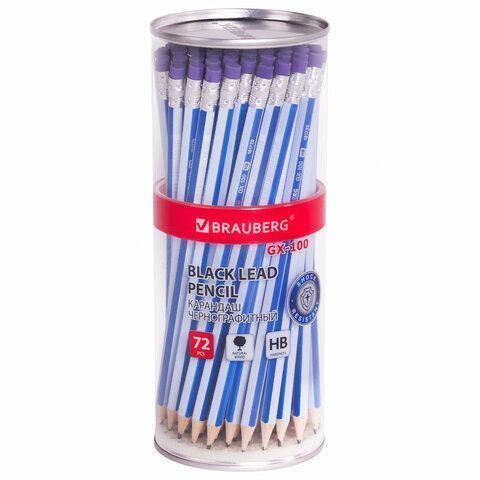 Карандаш ч/гр HB с ластиком дерево корпус синий GX-100 BRAUBERG 1/72