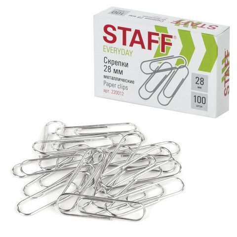 Скрепки 28мм 100шт металлические эконом STAFF 1/10